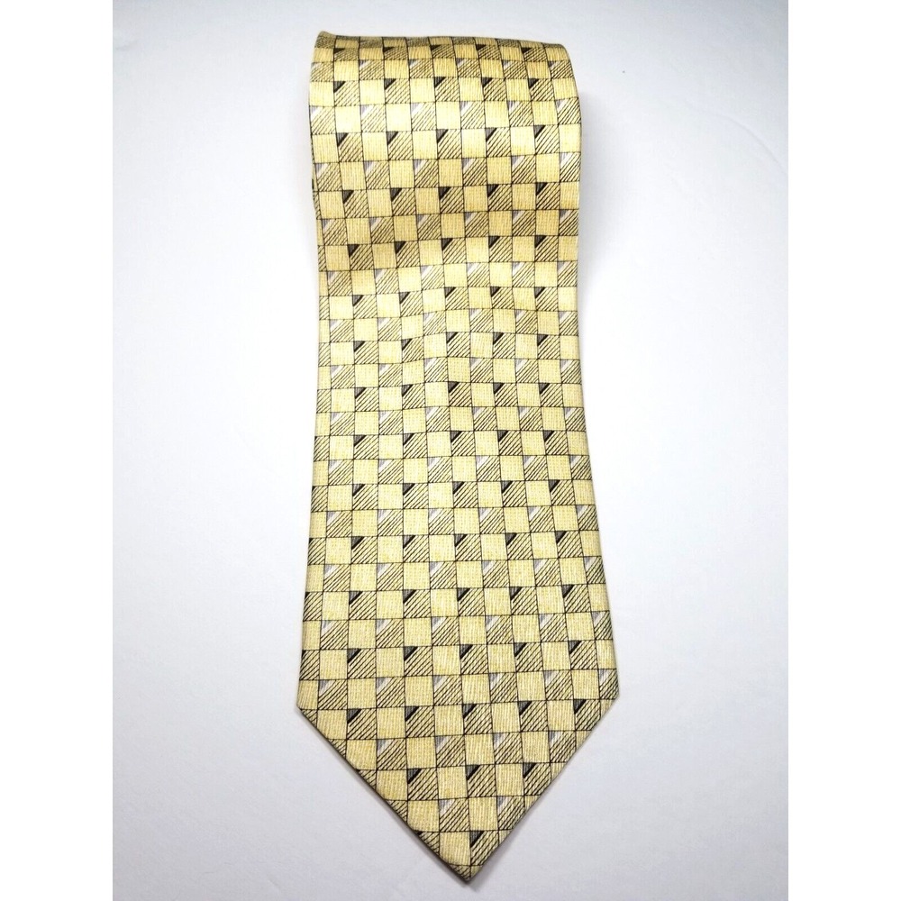 Mario Rossini Yellow Gray Geometric Squares Pure‎ Silk Pointed Tie